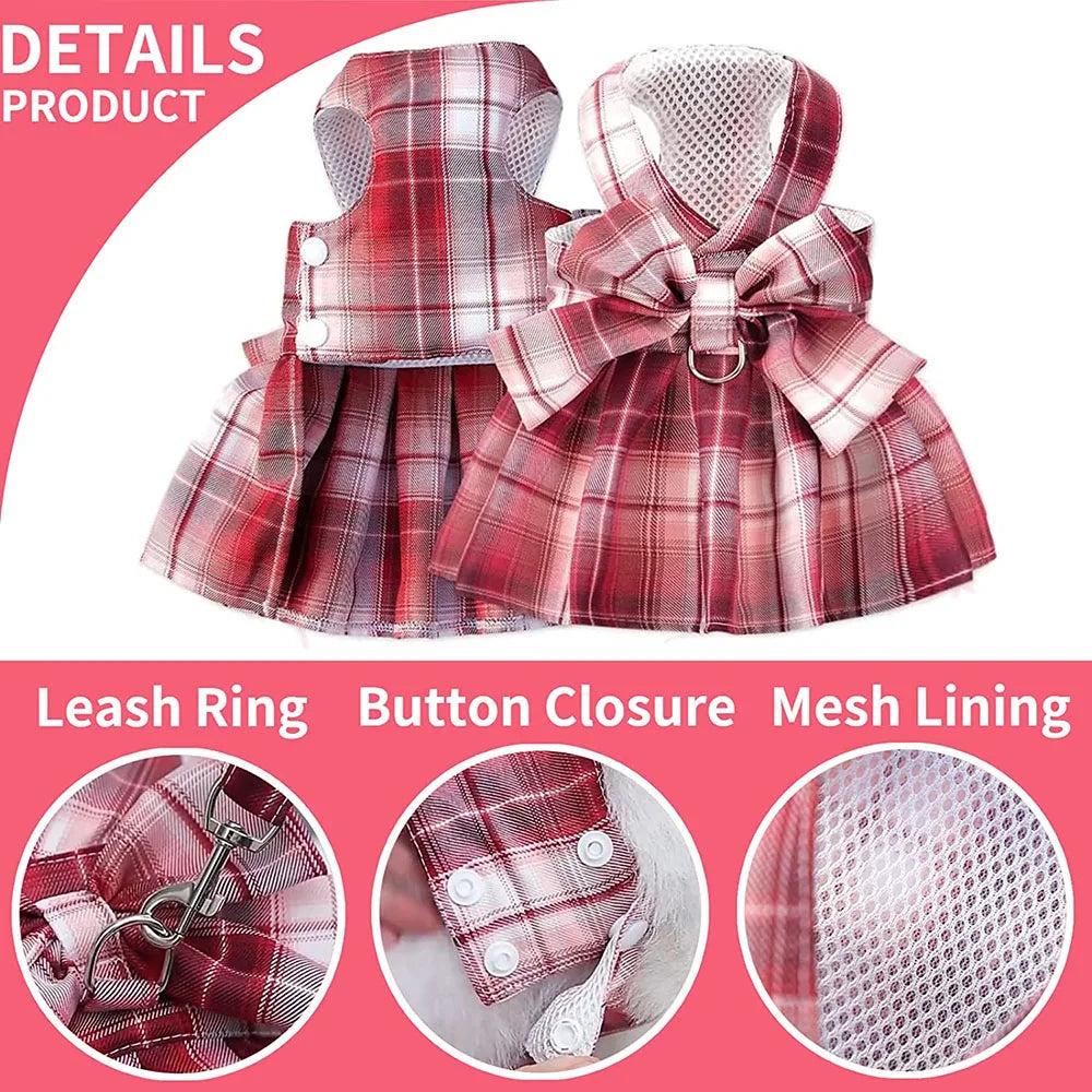 Dog Dresses for Small Dogs Girl Plaid Dog Dress Bow Tie Harness Leash Set Puppy Cute Bow Skirt Pet Outfits Yorkie Accessories