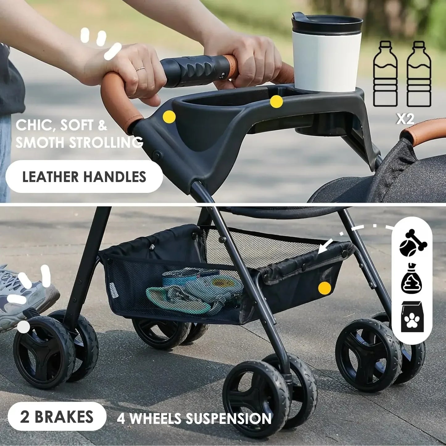 3 in 1 Folding Dog Stroller Pet Folding Stroller 4 Wheels Dog/Cat Puppy Stroller W/Removable Travel Carrier for Small/Medium Pet