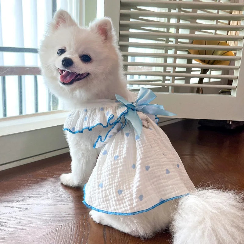 Summer  Dog Cooling Dress Thin Bow Heart Print Dog Clothes Pet Skirt Kitten Puppy Costume Chihuahua Bichon Yorkie Girls Dog Vest