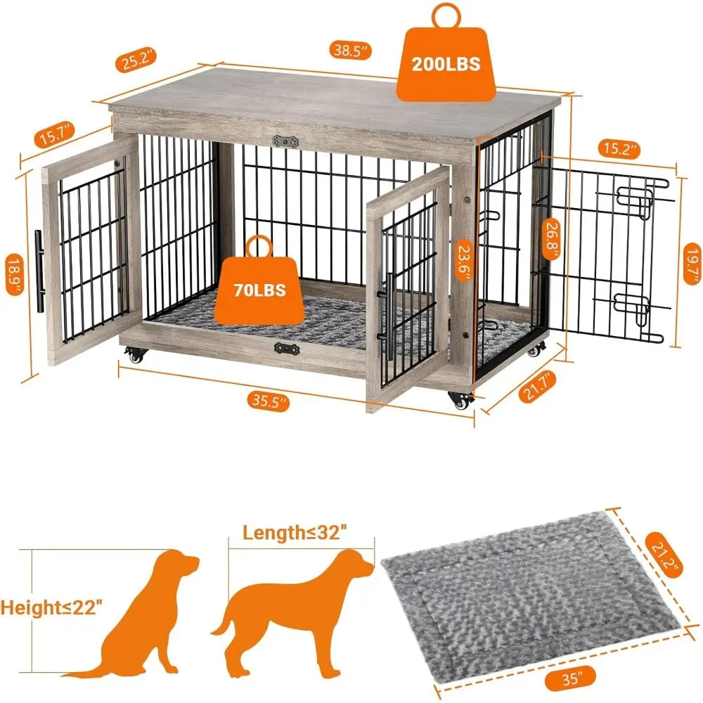 Dog Crate Furniture with Cushion , Large Wooden Dog Kennel Indoor with Double Doors,  Cage with Wheels, House