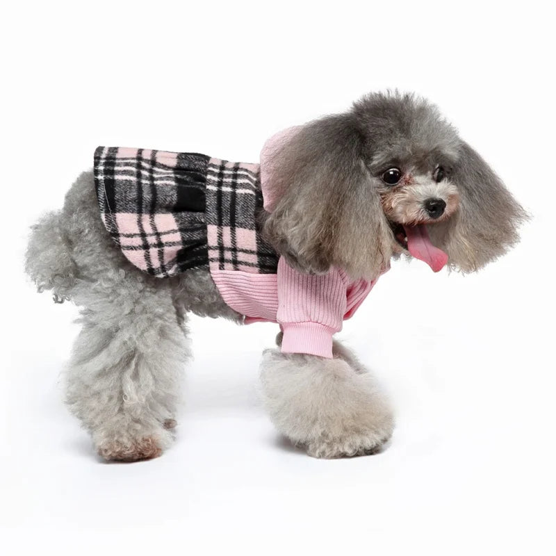 Plaid Dog Hoodie Dress Warm Soft Dog Sweater Skirt Outfit with Hat Autumn Winter Pet Coat Clothes for Small Medium Puppy Wearing