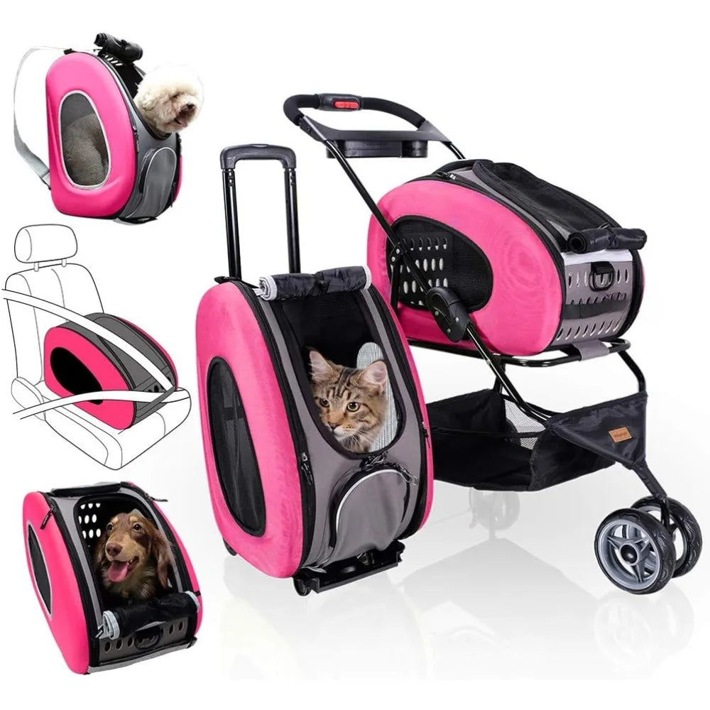 Pet Car, Five in One Convertible and Foldable Small - Multifunctional Combination - 16 Pound Pet - Pink, Cat and Dog Pet Car