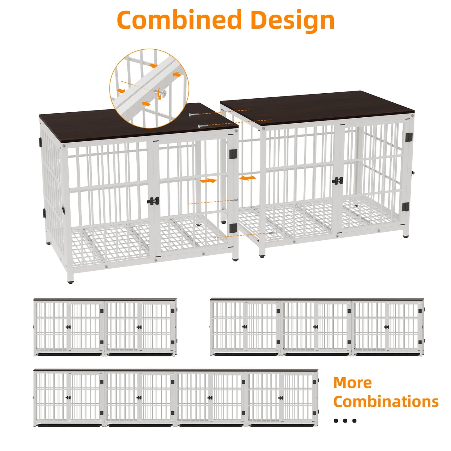 BINGOPAW Dog Crate Furniture Pet Kennel End Table Metal Dog Kennel with Three Doors with Locks and Removable Tray, White/Black