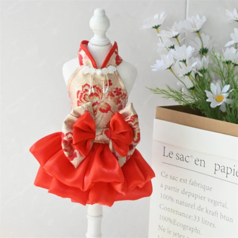 Chinese Style Dog Cheongsam Dress New Year Pet Clothes Tang Suit Puppy Small Dog Costume Dresses Princess Skirt Dog Clothing Xs