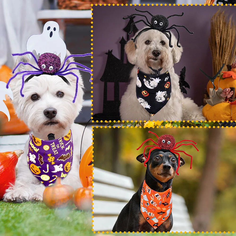 Halloween Dog Accessories Set Spider Headband Dog Bandanas Set Pet Triangle Scarf Headband For Dogs and Cats Pet Supplies