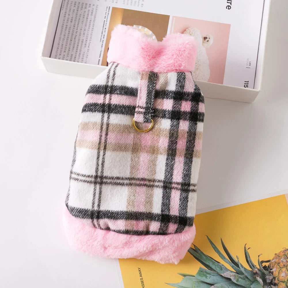 Winter Pet Jacket Clothes Grid Warm Small Dogs Clothing With Fur Collar Cotton Pet Outfits French Bulldog Coat Vest Chihuahua