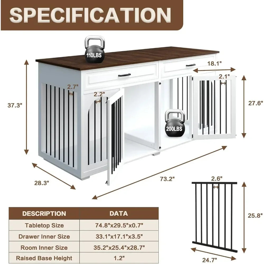 Large Dog Crate Furniture, 74.8" Dogs Kennel Cage for 2 Large Medium Dogs, Wooden Double Dog Crates Furniture Style TV Stand