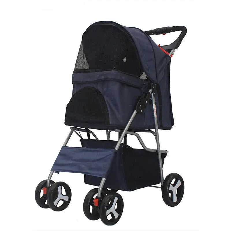 US Pet Dog Stroller, 4 Wheel, Foldable, Cat, Puppy, Travel Carriage with Storage Basket