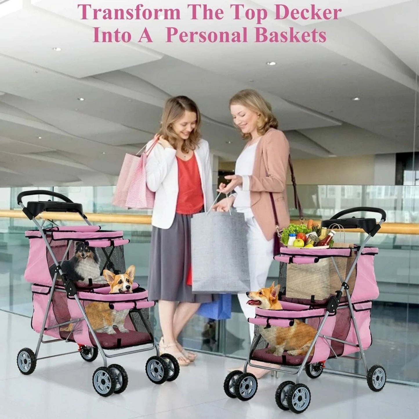 US Double Dog Stroller Pet Stroller 4 Wheels Folding Travel Carrier with Cup Holder