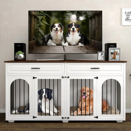 Large Dog Crate Furniture, 74.8" Dogs Kennel Cage for 2 Large Medium Dogs, Wooden Double Dog Crates Furniture Style TV Stand