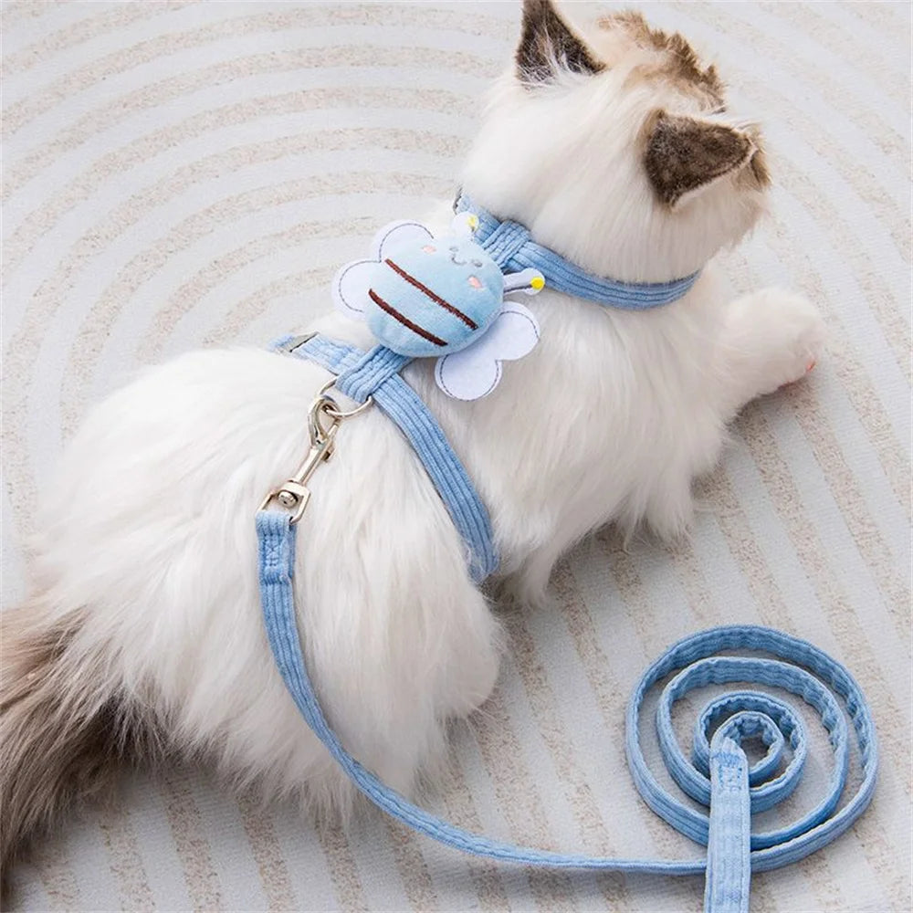 Cat Harness Leash Collar Set Adjustable Cartoon Bee Double Layer Dog Harness For Small Medium Pet Collar Leash Outdoor Walking