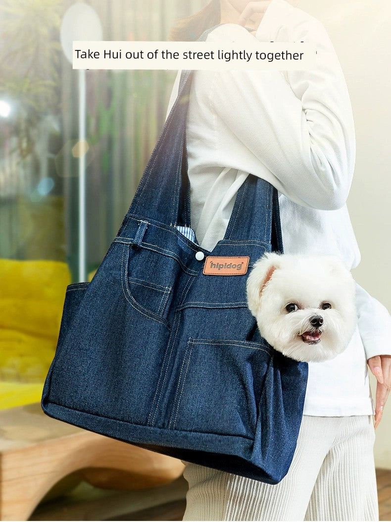 Portable Shoulder Crossbody Large Capacity Denim Canvas Dog Bag