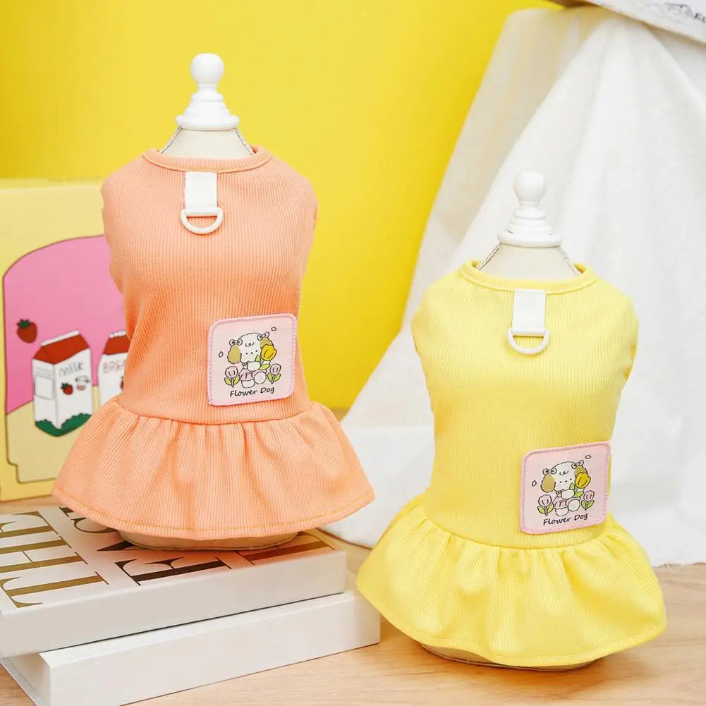 Puppy Dress Spring Summer Pet Dress Traction Ring Design Pleated Hem Striped Sleeveless Dog Clothes Cartoon Pattern Party Wear