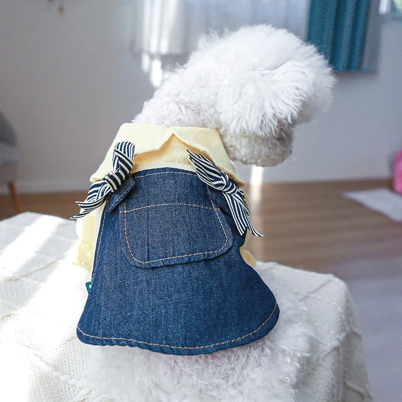 1PC Pet Apparel Spring/Summer/Autumn Thin Yellow Denim Bow Strap Princess Dress Suitable for Small and Medium sized Dogs