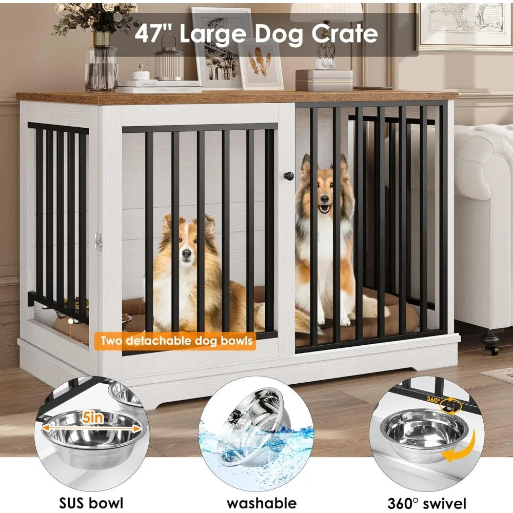 Dog Crate Furniture 47" Large Dog Kennel, Heavy Duty Dog Cage with Sliding Door and 2 SUS Bowls Wooden End Table in Living Room