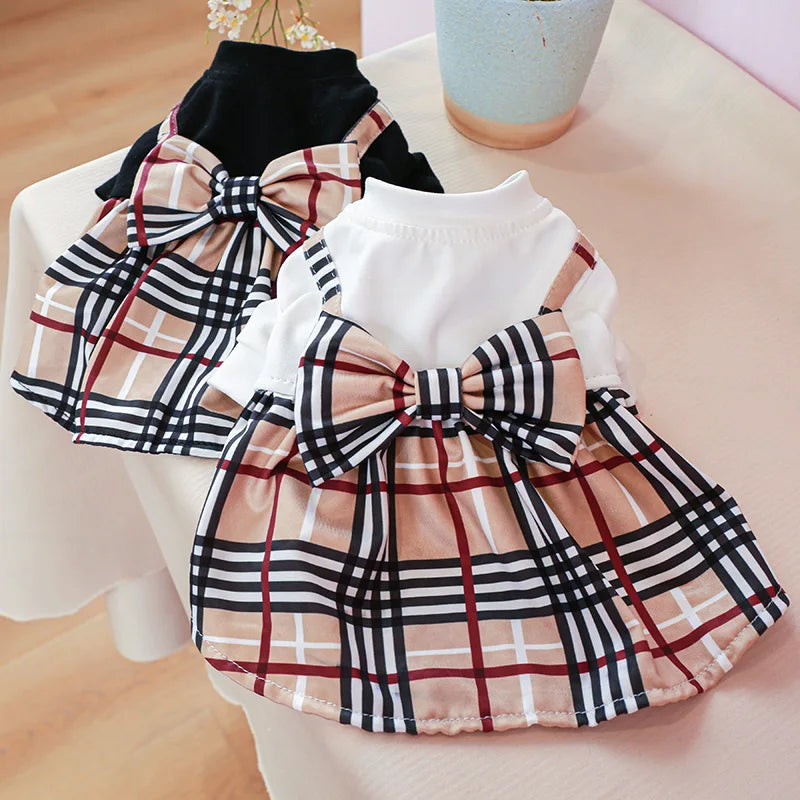 Pet Dog Cat Clothes Spring Summer Dress Big Bow Plaid Puppy Floral Print Skirt Casual Tutu Coat Dress For Small Dog Pet Apparel