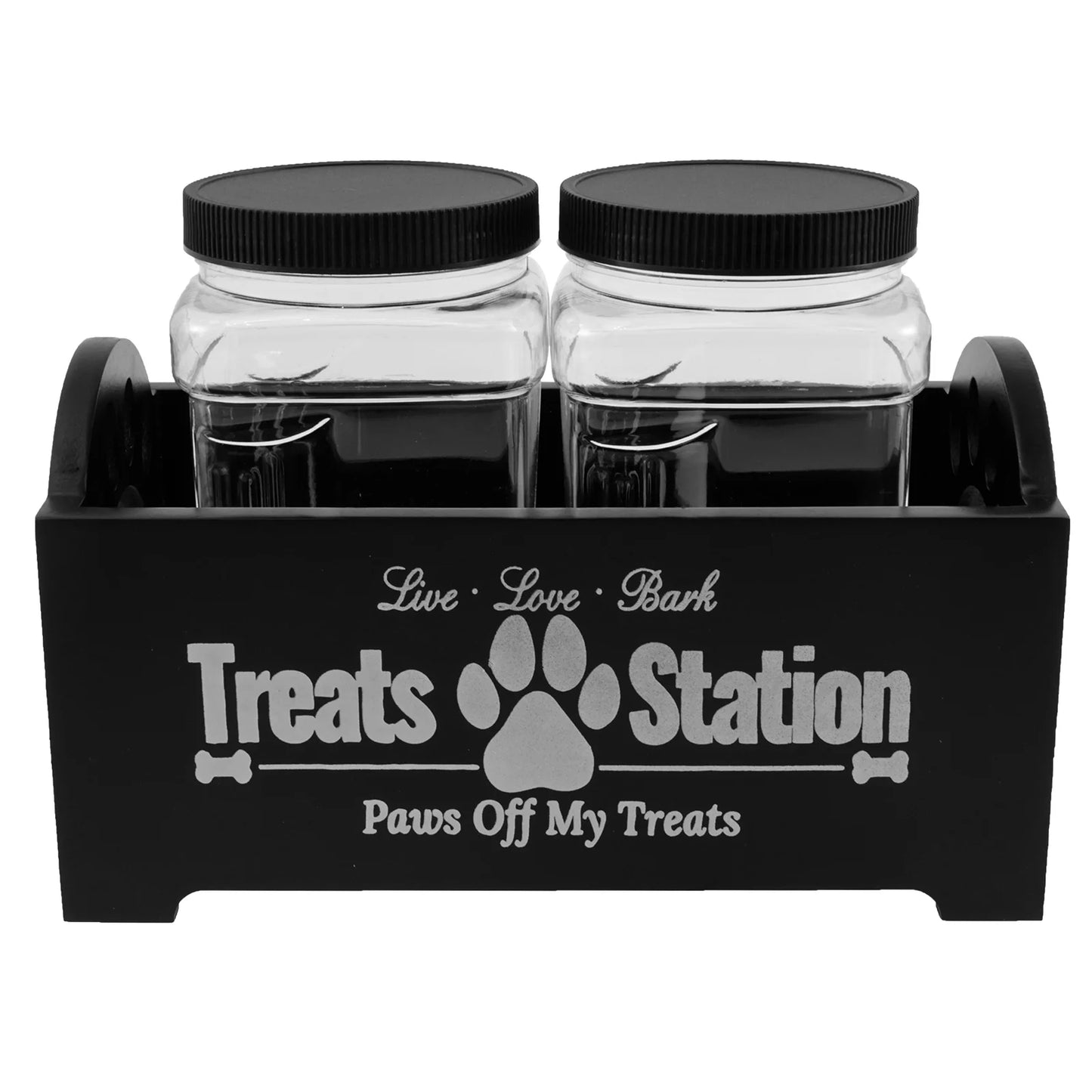 Pet Feed Storage Container Wood Dog Food Storage Organizer with 2 Plastic Jars Cat Treat Container for Pet Owners and Lovers