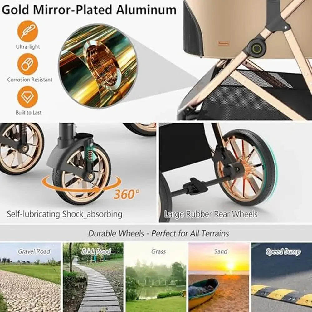 3-in-1 Luxury Pet Stroller Electroplated Gold Mirror Finish Carrier Dogs Cats Medium Small Shock Absorption Safety Wheel Locks