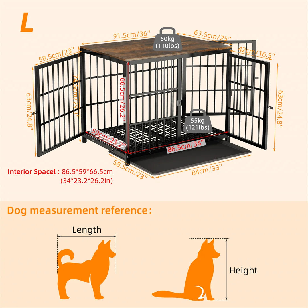 Furniture Style Dog Crate White Pet Kennel Black Cage End Table with Three Doors and Removable Tray, for Small Medium Large Dogs