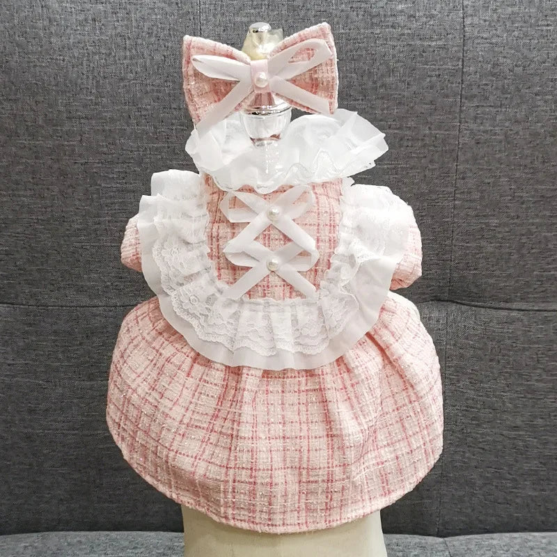 INS Pet Dog Plaid Dress with Hair Clip Cute Necklace Set Cat Clothes Spring Autumn Niche Lace Dress Dog Clothes for Small Dogs