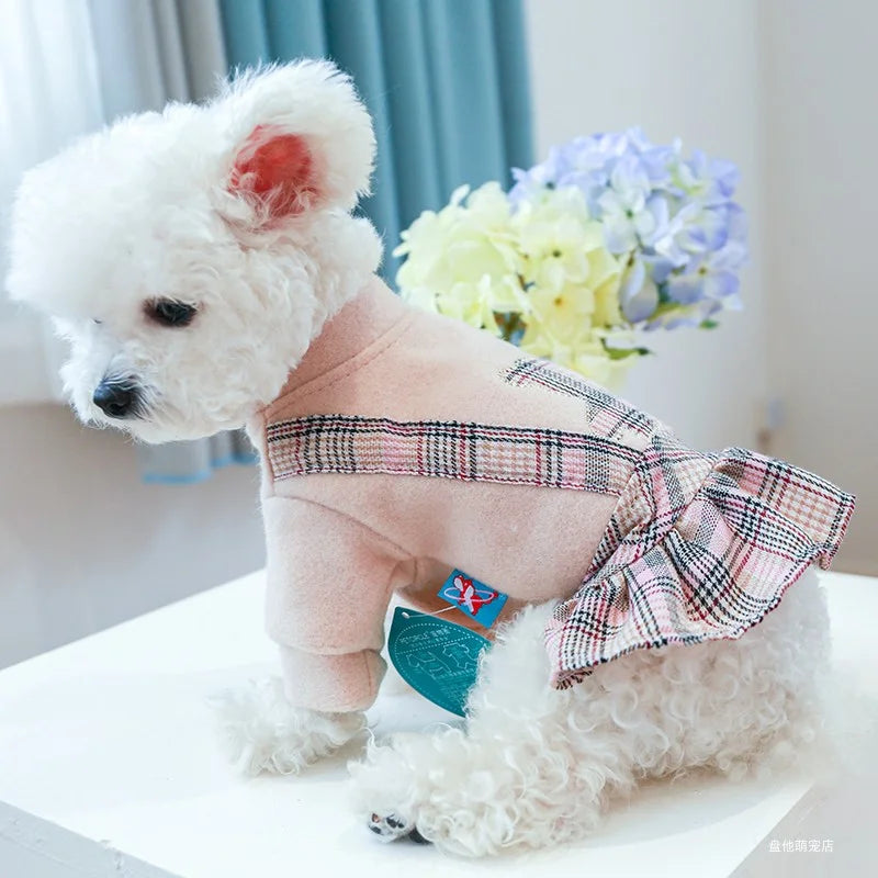 1PC Pet Clothes Cat Autumn/Winter Thick Bear Hug Pink Plaid Princess Dress Suitable for Small and Medium Dogs