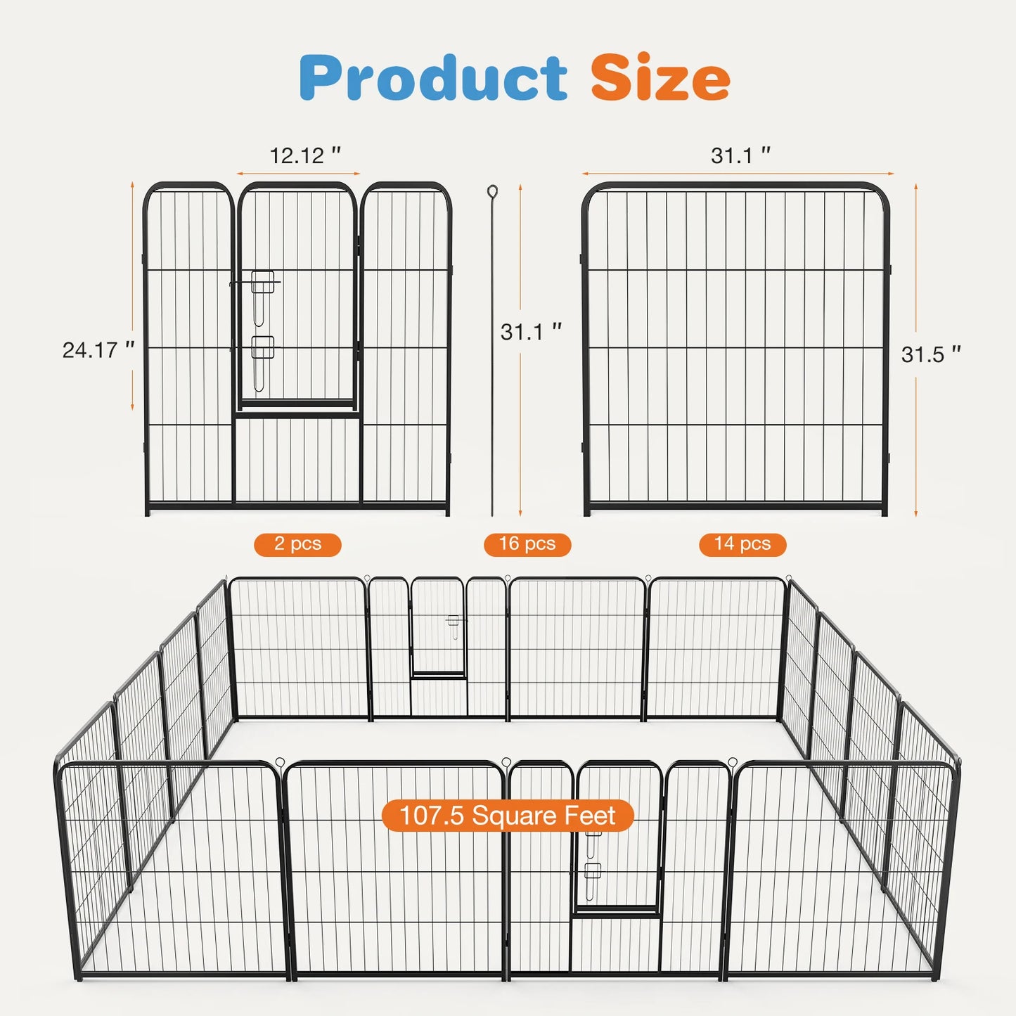 JHK 16 Panel Dog Playpen Indoor Pet Fence Exercise for Yard Gate Heavy Duty Crates with Doors Metal Dog Pen for Camping Outdoor