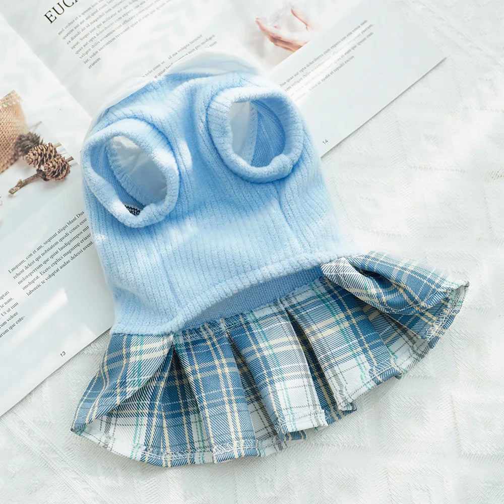 College Style Dog Dress for Small Dogs Plaid Dog Skirt Pet Clothes Puppy Girl Breathable Sweatshirt Cat Outfits Spring Apparel