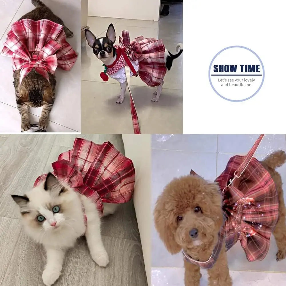 Cute Plaid Dog Dress Harness Leash Set Summer Girl Pet Clothes Bowknot Puppy Princess Dress Cat Dog Holiday Party Costume Outfit