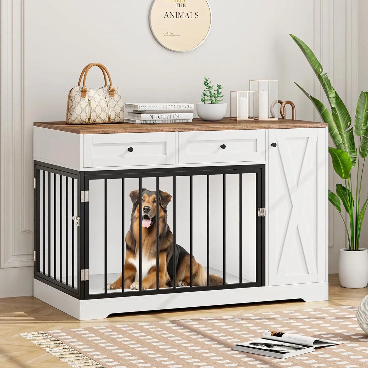 US Dog Crate Furniture Kennel with Double Doors Wooden Pet House with 2 Drawers and Storage Cabinet, Indoor Dog