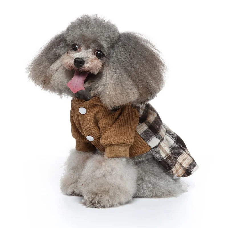 Plaid Dog Hoodie Dress Warm Soft Dog Sweater Skirt Outfit with Hat Autumn Winter Pet Coat Clothes for Small Medium Puppy Outfits