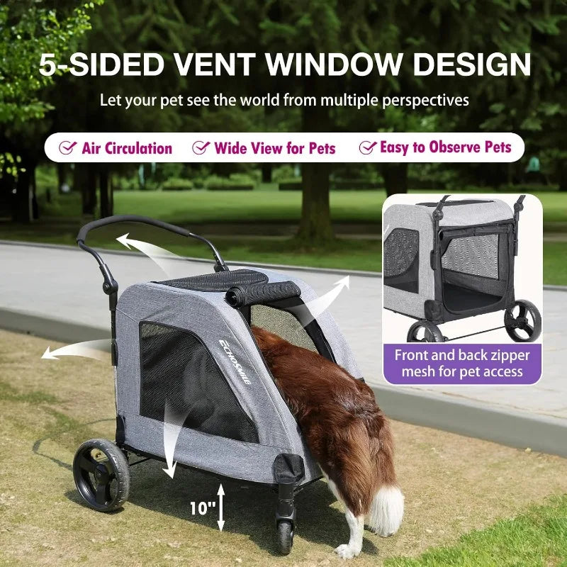 XL Extra Large Dog Stroller Adjustable Handles Lightweight Folding Pet Stroller All-Terrain 4 Wheel for 2 Medium Dogs