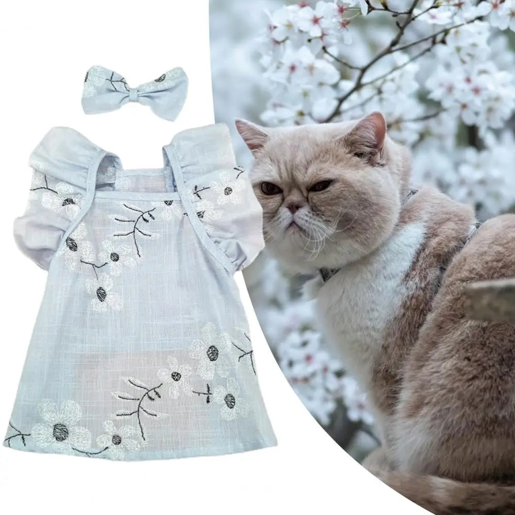 Dog dress for Female Pet Cat Puppy Floral Princess Skirt Summer Puppy Dog Skirt Cotton with Bow-knot Headwear Pet Supplies