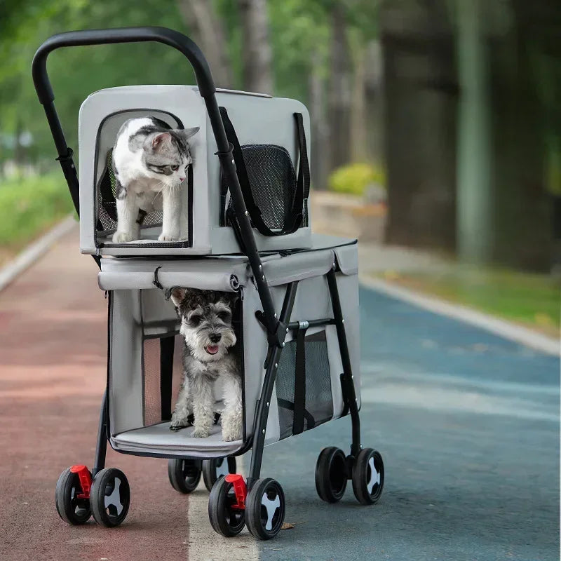 Multifunctional double-layer pet cart Lightweight and foldable pet outdoor travel stroller Ventilated and breathable dog cart