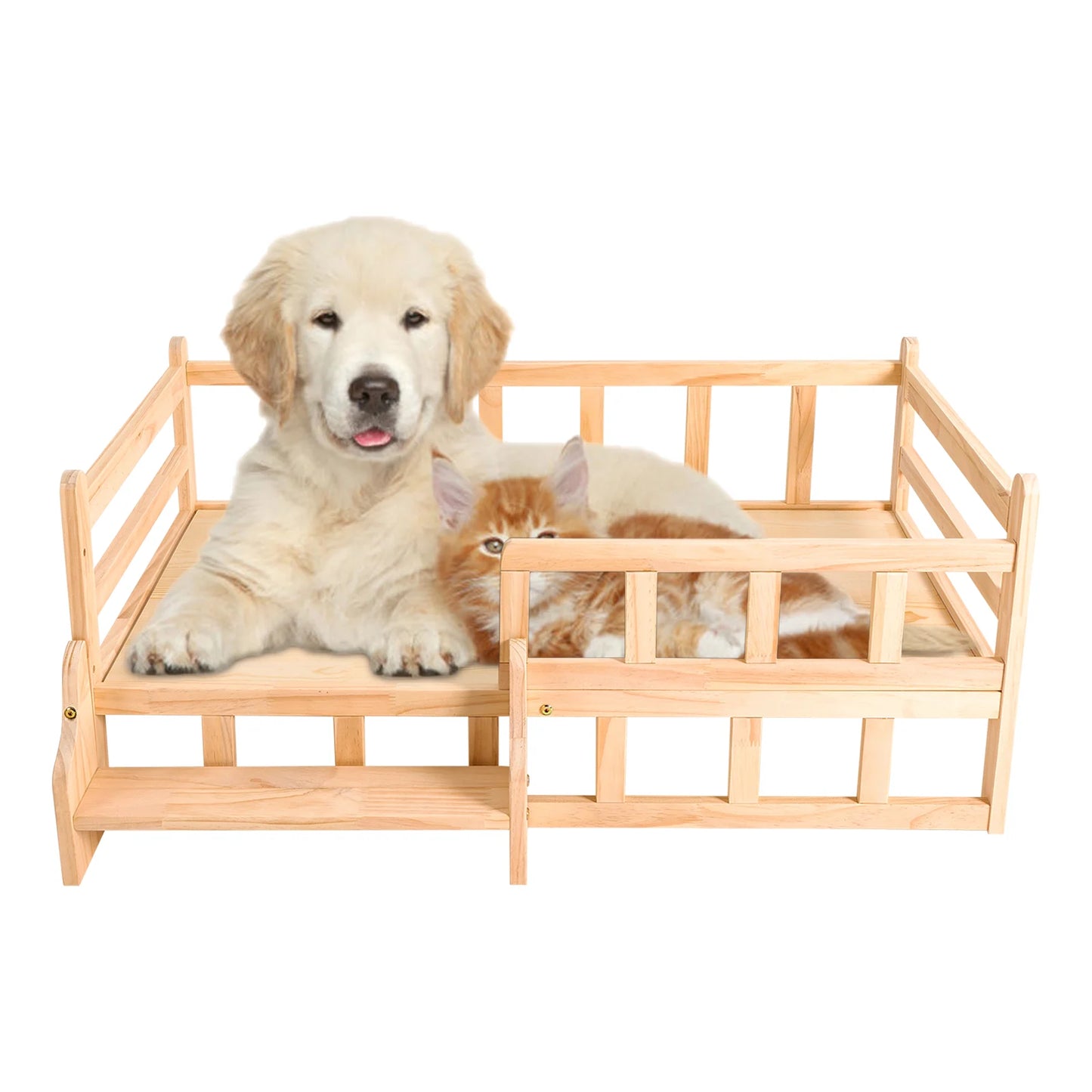 Solid Wood Pet Bed, Wooden Dog Bed Frame, Dog Kennel Furniture, Dog Bed Stand Elevated Fence Rounded Corners for Cats or Dogs