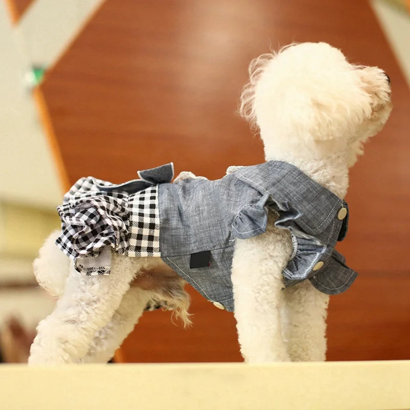 Fashion Dog Clothes Denim Plaid Dress For Small Medium Dogs Cat Spring Summer Pet Clothing Dog Costume Supplies Skirt Pet Suppli