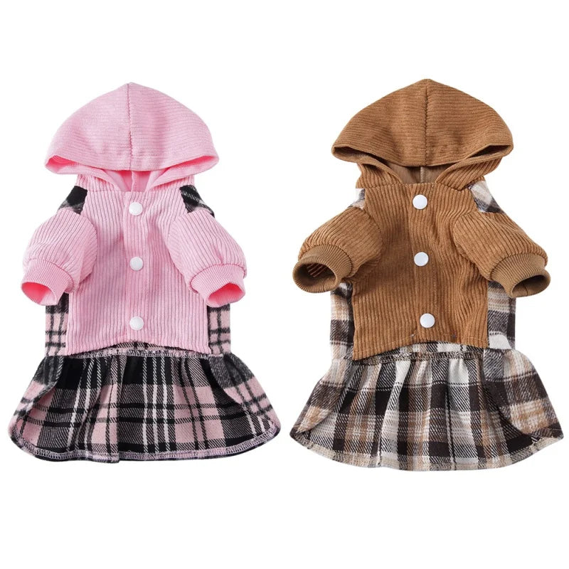 Plaid Dog Hoodie Dress Warm Soft Dog Sweater Skirt Outfit with Hat Autumn Winter Pet Coat Clothes for Small Medium Puppy Wearing