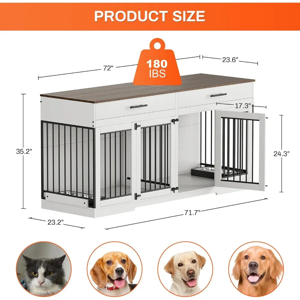 72" Dog Crate Furniture for 2 Dogs, Large Dog Kennel Furniture with 2 Storage Drawer and Removable Divider, Wooden Dog