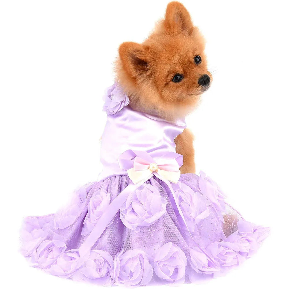 Pet Small Dog Wedding Dress with Bowknot Birthday Party Costume Satin Rose Pearls Girl Formal Dress for Puppy Dog Cat Tutu Dress