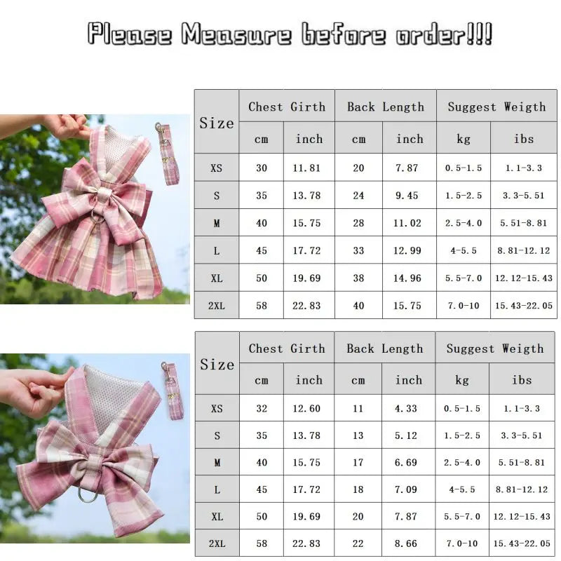 Pet Jk Plaid Dress Dog Harness and Leash Set Bow Skirt Kitten Puppy Vest Luxury Dog Clothes Chihuahua Dog Outfits Bichon Items