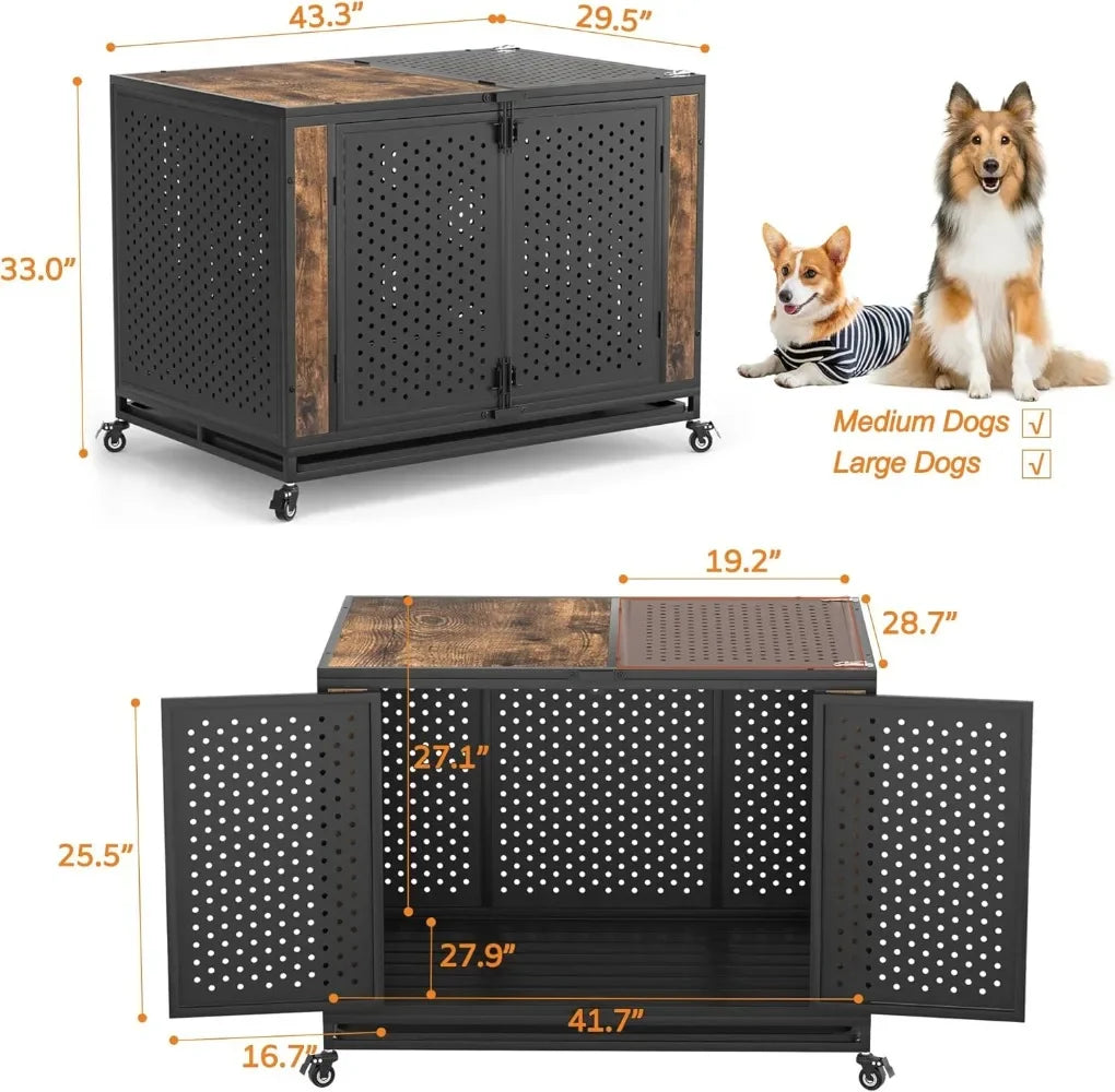 42" Heavy Duty Dog Crate Furniture for Large and Medium Dogs Enclosed Design with 0.5 inch Holes Indestructible Metal Kennel