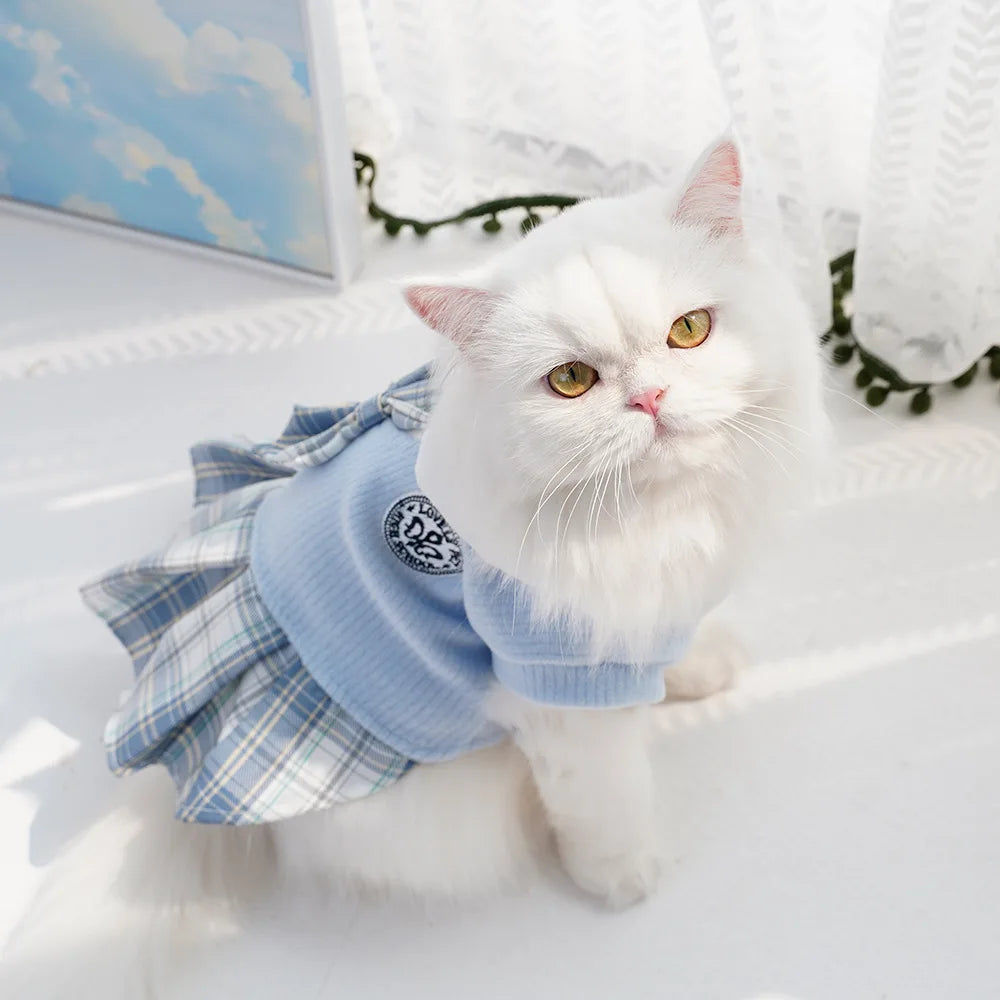 College Style Dog Dress for Small Dogs Plaid Dog Skirt Pet Clothes Puppy Girl Breathable Sweatshirt Cat Outfits Spring Apparel