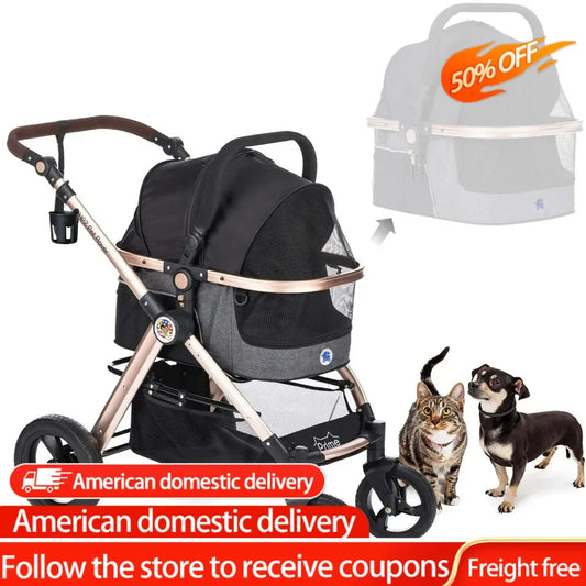 Pet Rover Prime 3-in-1 Luxury Dog/Cat Stroller (Travel Carrier + Car Seat +Stroller) with Detach Carrier/Pump-Free Rubber Tires