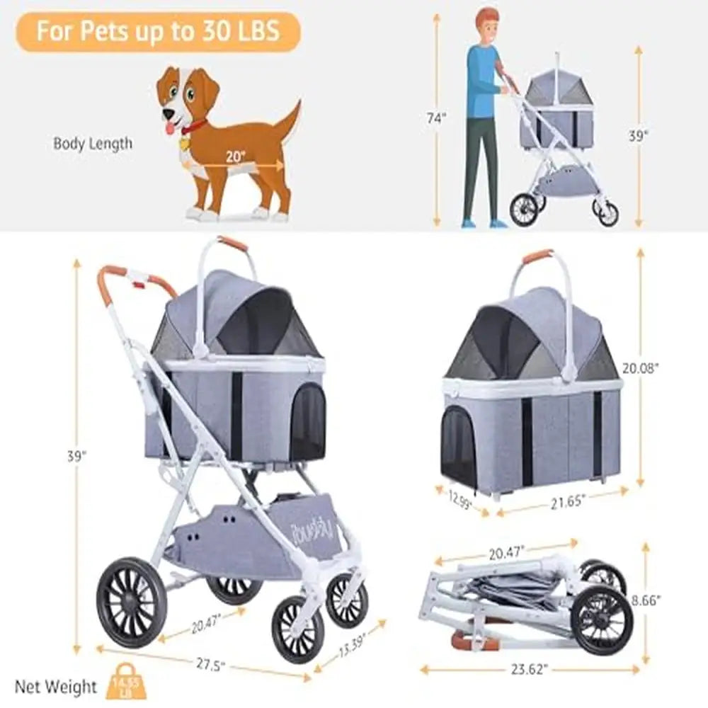 Pet Stroller Dog Cat 4-in-1 Travel Carrier Car Seat Non-Zip Airless Tires Cup Holder Lightweight Foldable Canopy Rotating Wheel