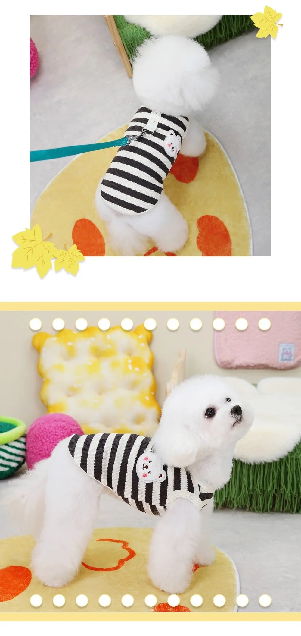 Pets Cat and Dog Clothes, Waffle Grid Vest for Spring/Summer, Striped T-Shirt with Leash for Small Dogs, Summer Outfit