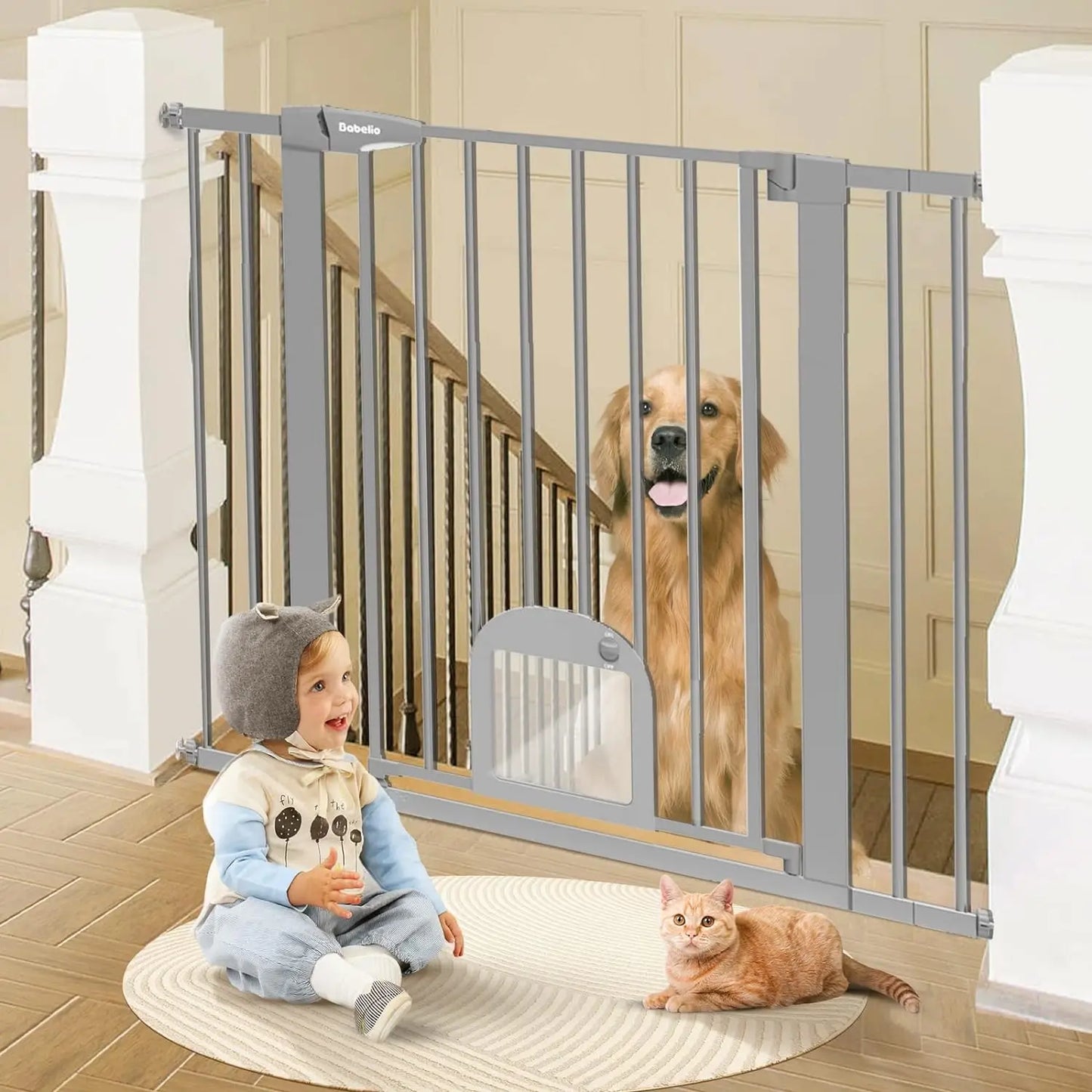 Baby Gate with Adjustable Cat Door, 29-43" Auto Close Durable Dog Gate for Stairs, Doorways and House,