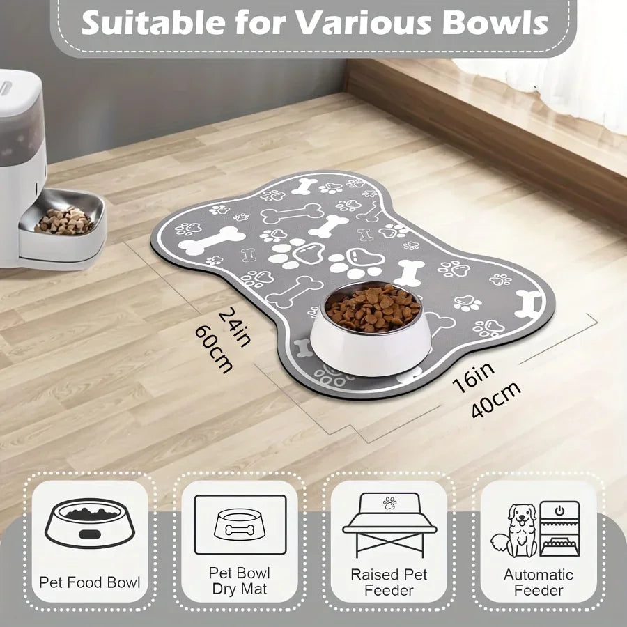 Bone-Shaped Quick-Dry Pet Feeding Mat with Non-Slip Rubber Backing - Stain-Resistant Diatom Mud Dog & Cat Bowl Placemat