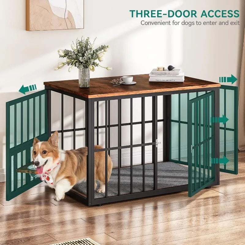 Large Corner Dog Crate Furniture for 2 Dogs 4 Combination Forms Wooden Dog Kennel Dog Bowls & 3 Doors Furniture TV Stand