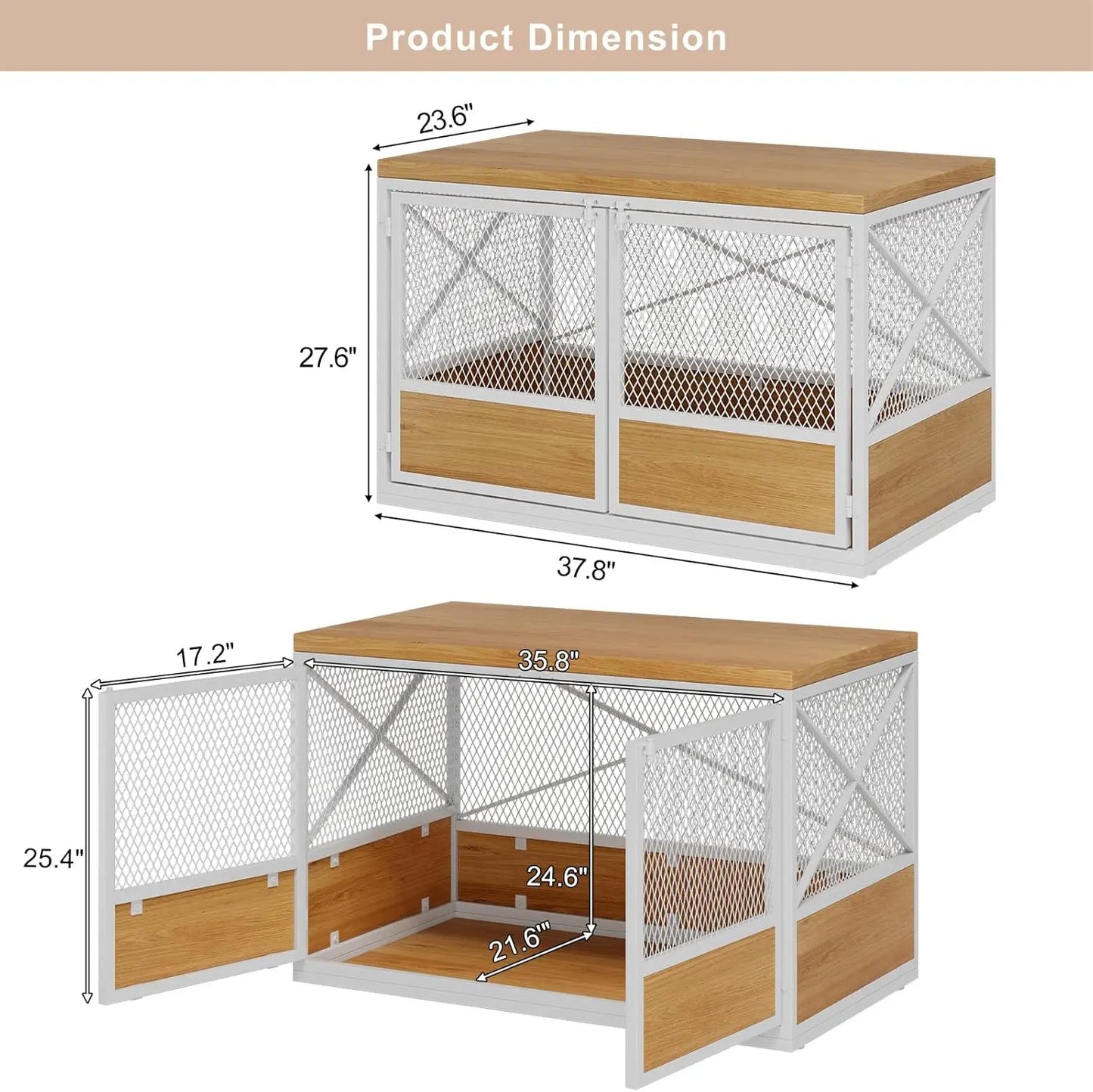 Heavy Duty Large Dog Crate Furniture, 38 Inch Wooden Dog Crate with Double Doors, Indoor Dog Kennel Furniture, Decorative Pet