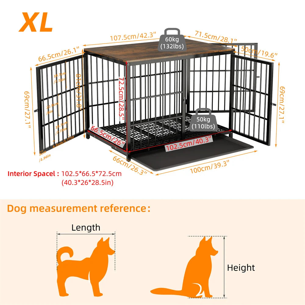 Large Wooden Dog Crate Indoor Furniture Style Elevated Pet Dog Cage Kennel End Table Lattice Playpen with 3 Doors Removable Tray