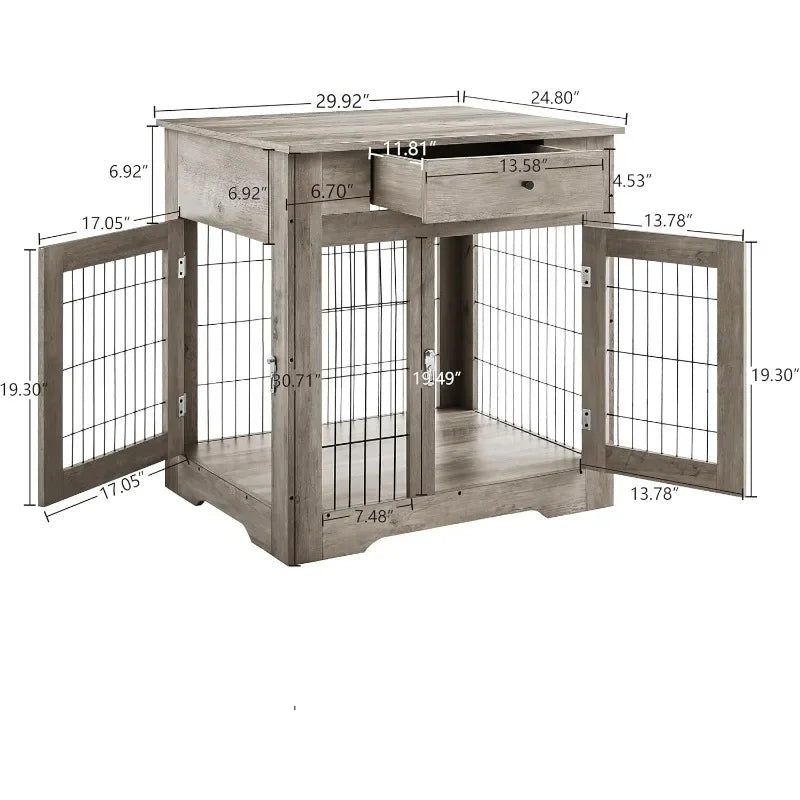 Wooden Dog Crate Side Table Furniture,With Drawers&Double Sliding Iron Doors Dog Kennel Indoor For Medium/Large Dog,Grey,29.92"L